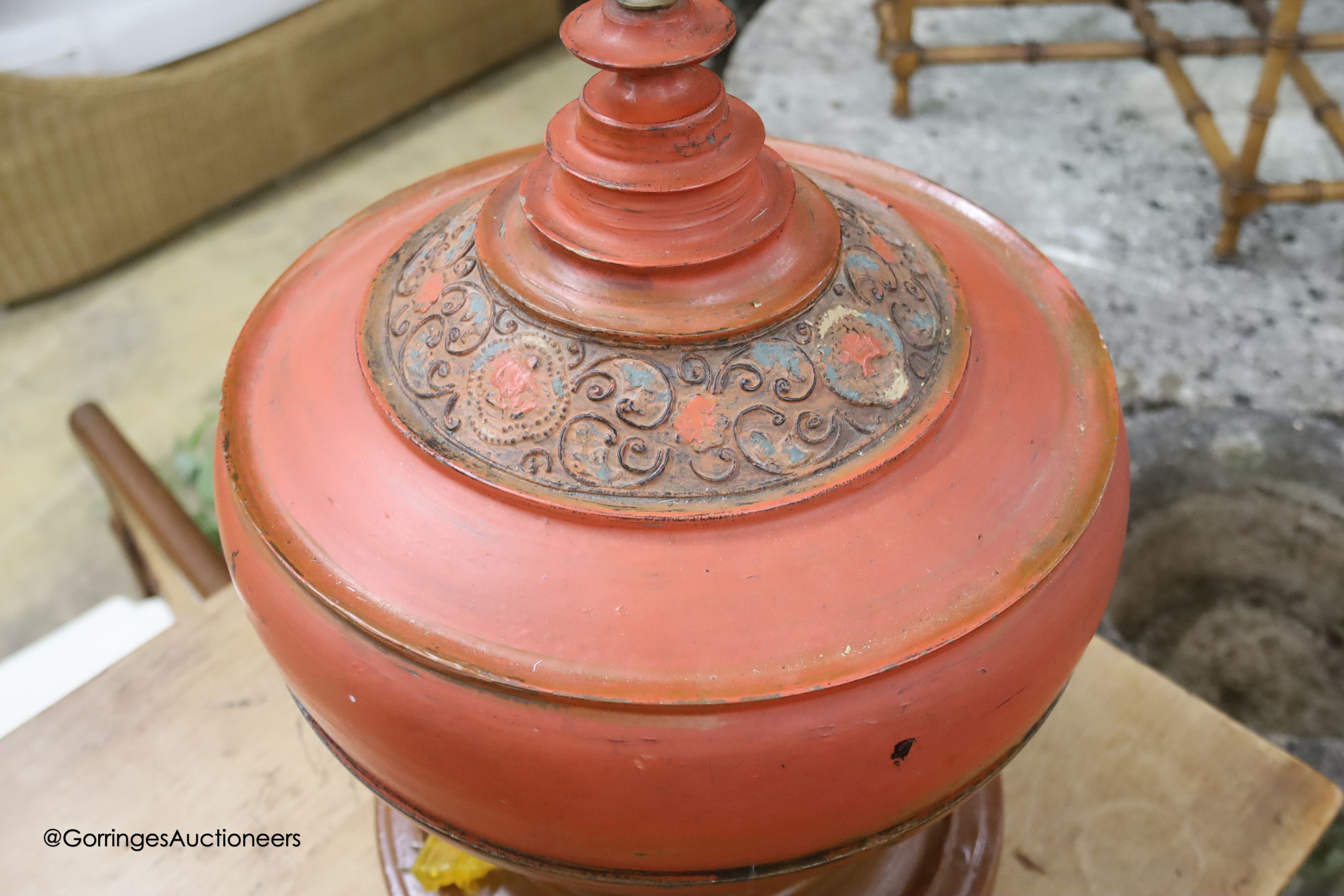 A near pair of offertory bowls, now as lamps, height 47cm